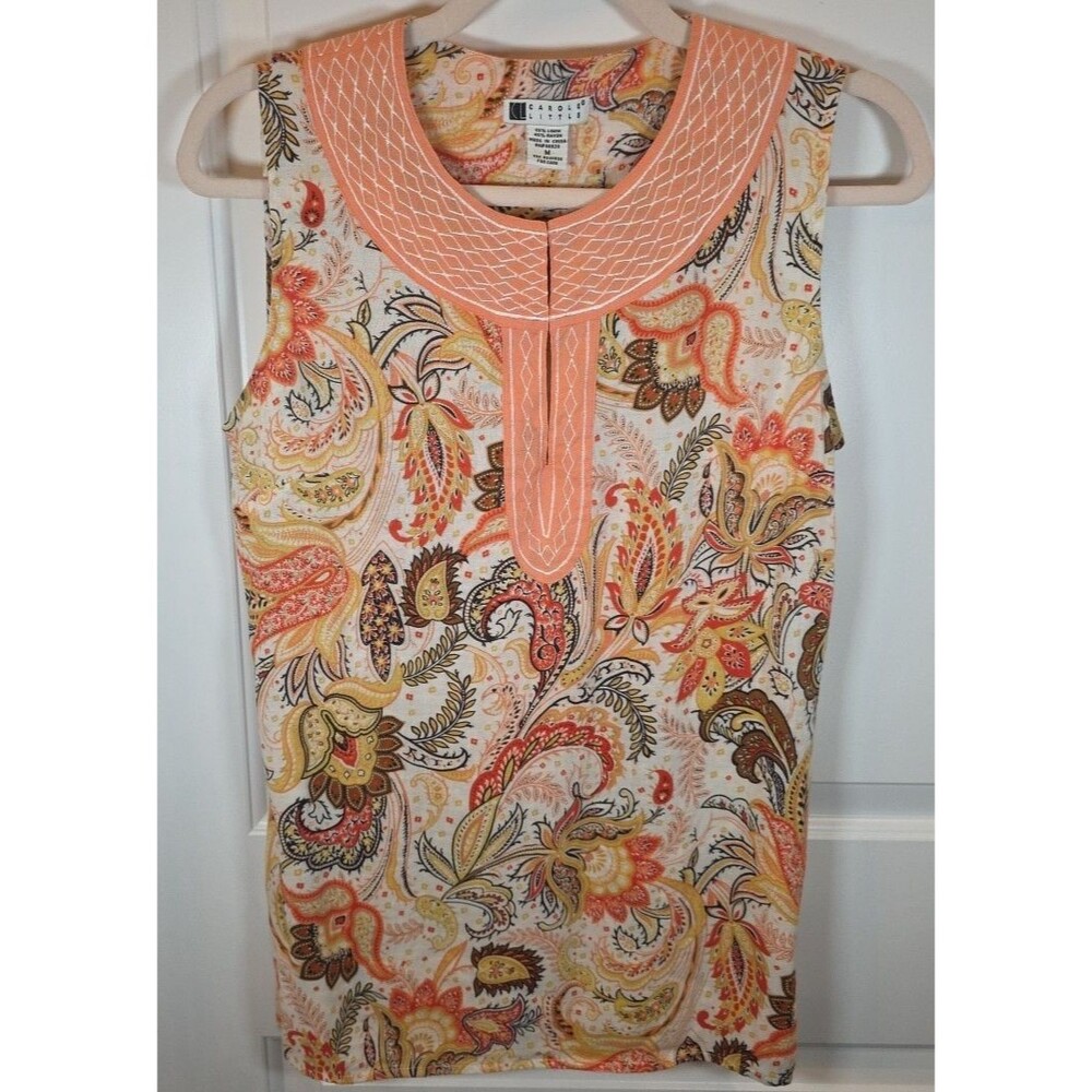CAROLE LITTLE Peach Paisley Linen Blend Sleeveless Top Sz Medium 70s Retro